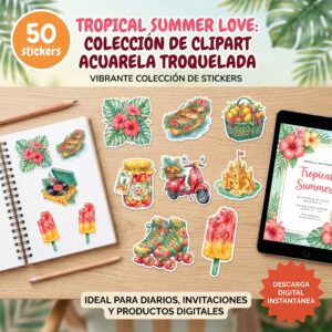 Tropical Summer Love: Colección de Clipart Acuarela Troquelada
